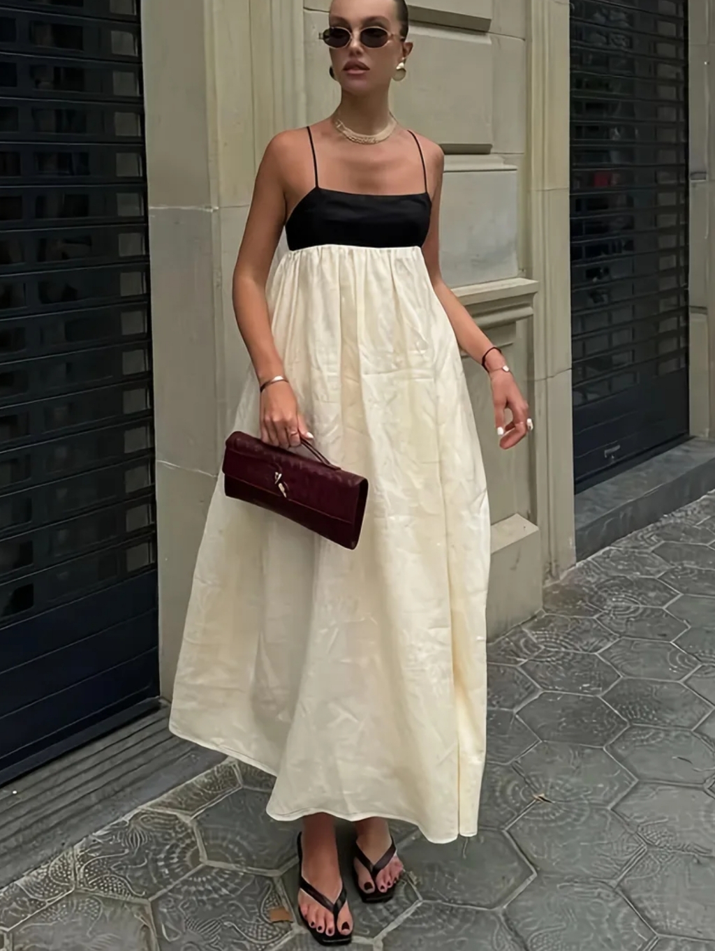 Spaghetti Strap Black & Cream Maxi Dress